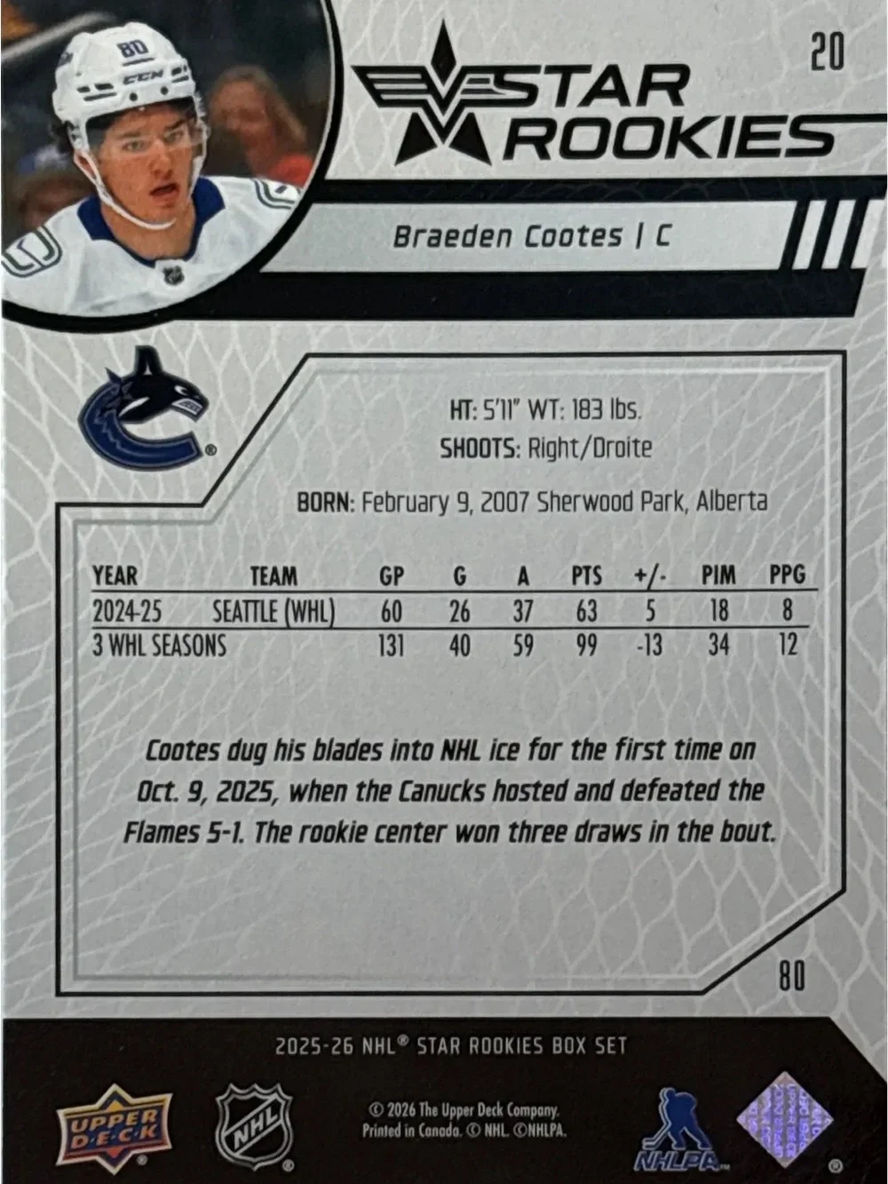 Upper Deck Star Rookies Braeden Cootes Hockey Card